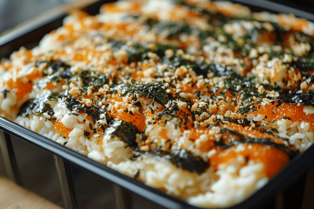 sushi bake recipe casserole fresh out of the oven