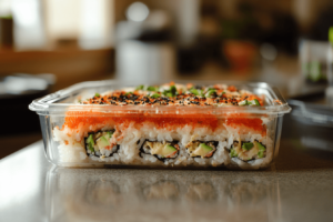 Cold sushi bake slice stored in an airtight container.