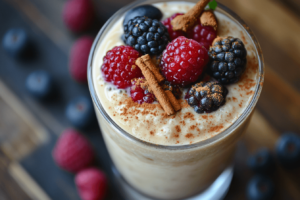 Serving chilled Mexican rice pudding with fruit garnish