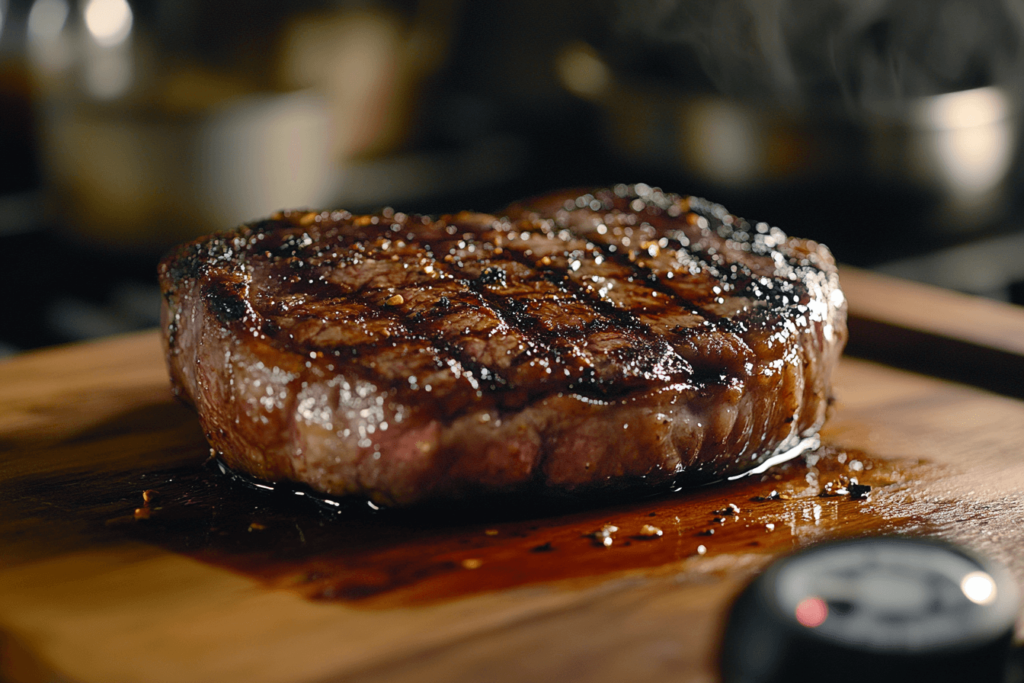 Ribeye roast cooking temperature shown on a meat thermometer