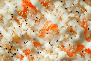 baked sushi layers of rice crab and creamy sauce