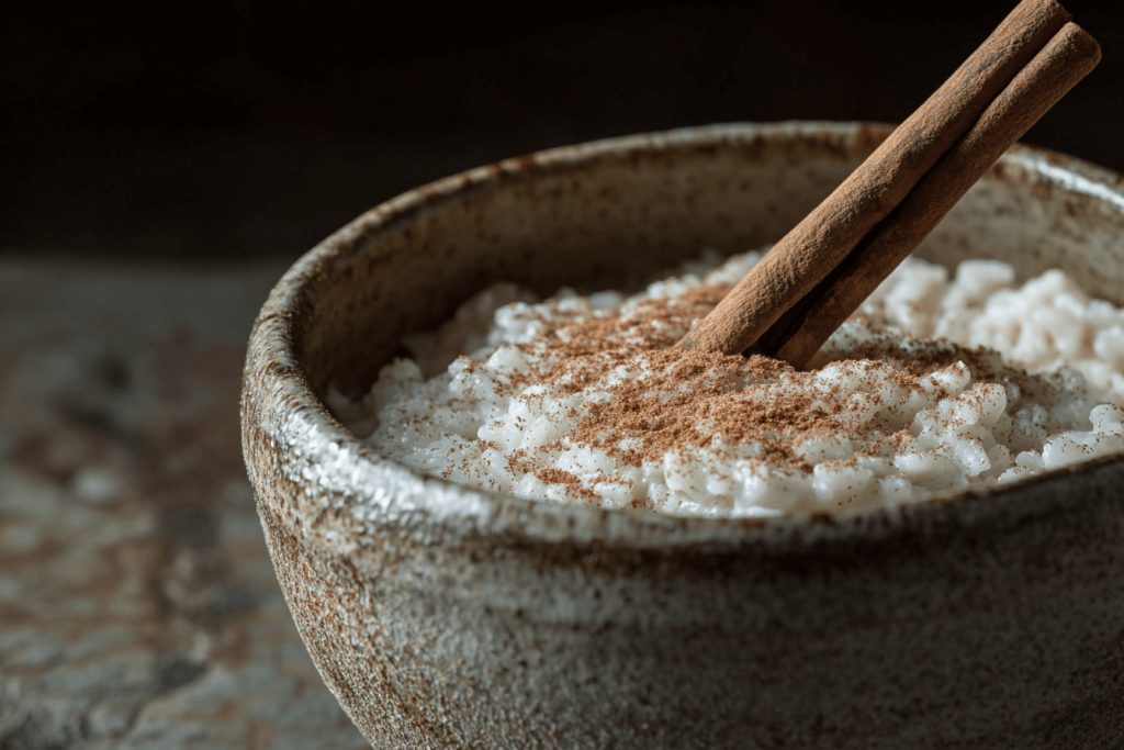 Arroz con leche recipe in a bowl with cinnamon stick