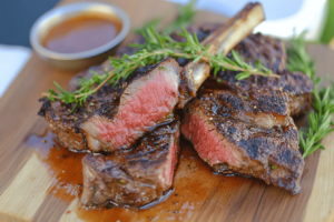 Tomahawk steak and cowboy steak plated side by side