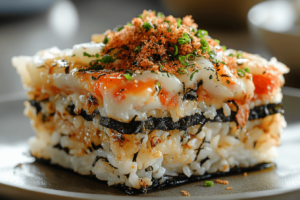 Sushi bake origin shown through layered sushi casserole