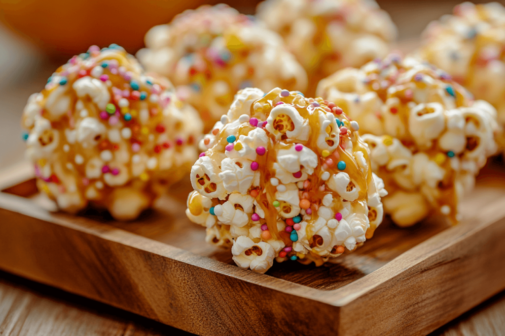 popcorn balls recipe displayed on a tray