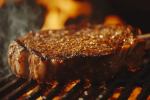 Close-up of tomahawk steak grilling with bone exposed