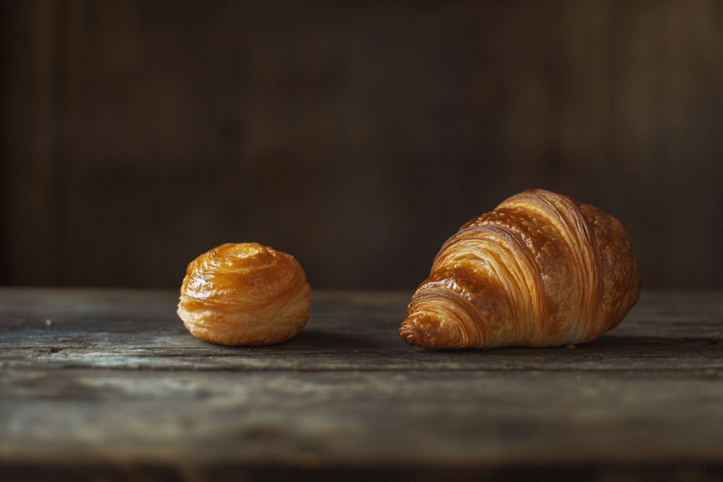 What is the difference between a croissant and a gipfeli? A golden croissant and a Swiss gipfeli side by side.