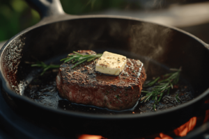 Cowboy steak on a cast-iron skillet, focus keyword included