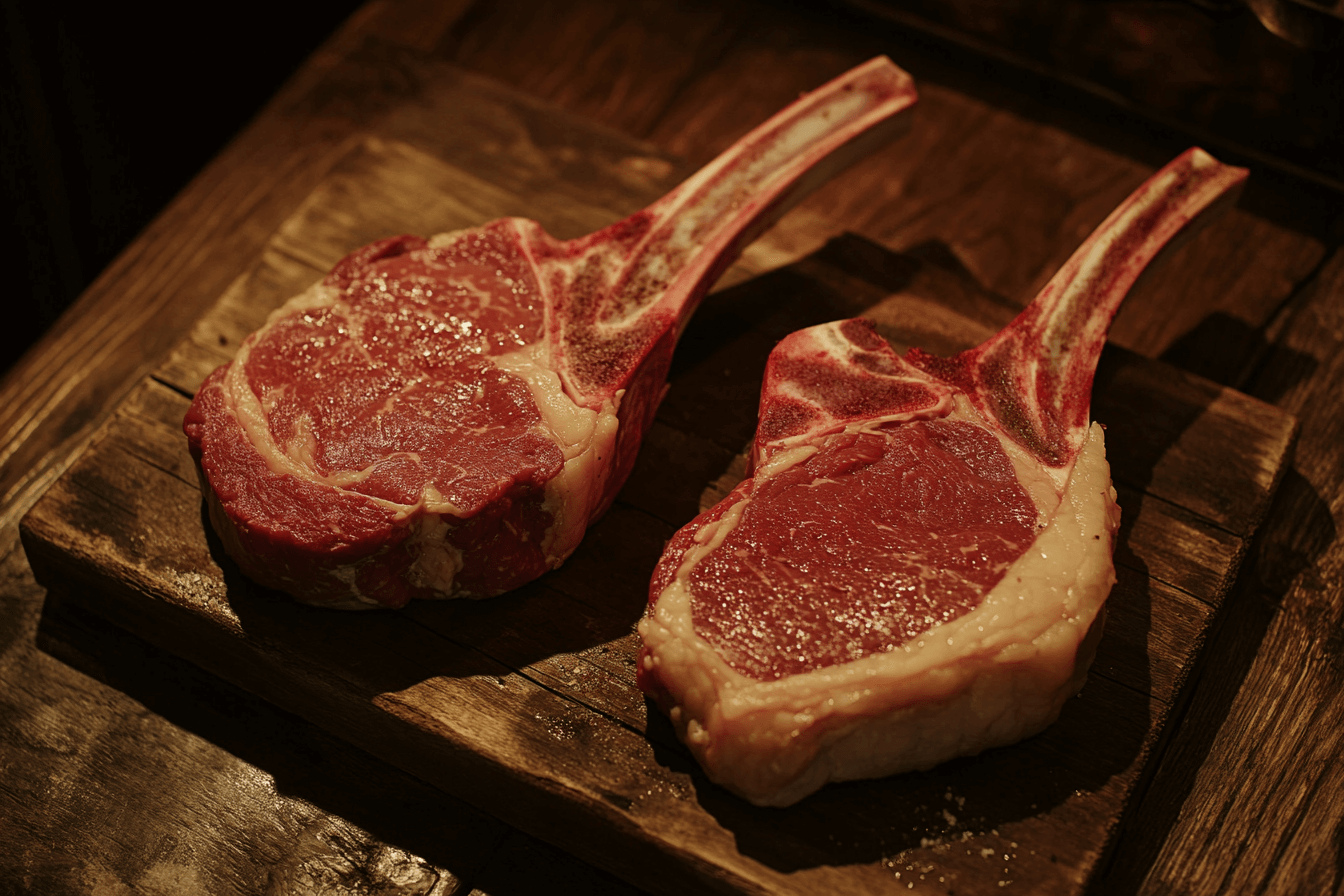 Tomahawk steak vs cowboy steak on a wooden board, focus keyword included