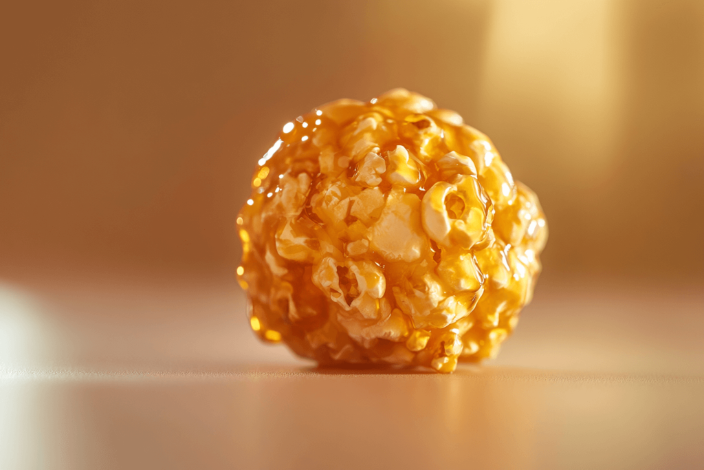 Why are my popcorn balls chewy, close-up of glossy popcorn ball
