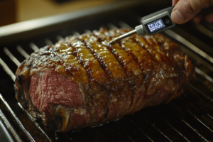 Checking ribeye roast doneness with a thermometer