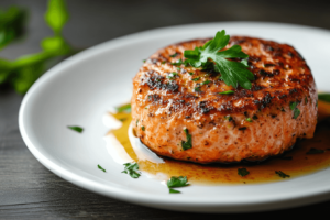What is the healthiest meat for burgers – a salmon patty on a plate with herbs.