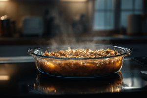 Partially baked peach crisp showing signs of sogginess