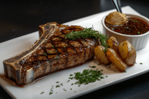 Sliced cowboy steak with bone on a serving platter