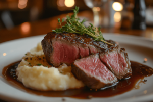 Sliced cowboy steak on a plate