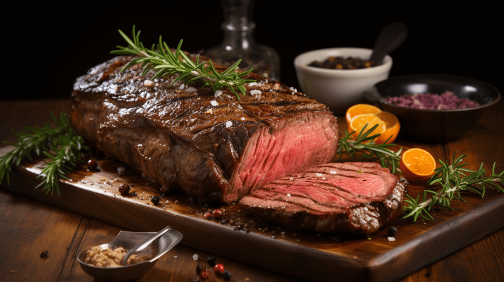 A perfectly roasted ribeye roast sliced to reveal a juicy, pink center, resting on a rustic wooden cutting board with garnishes of fresh rosemary and coarse salt.