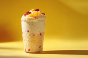 Cold arroz con leche in a glass jar