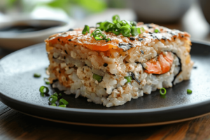 Hot or cold sushi bake slice on a plate.