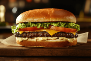 Perfect burger assembly with toppings and sauces