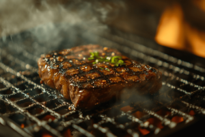 Cowboy steak grilled to perfection next to garnish.