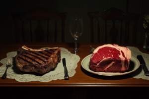 Comparing cowboy steak and prime rib on a table.