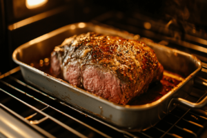 Ribeye roast slow cooking in oven