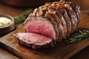 Well-rested seared ribeye roast sliced for serving
