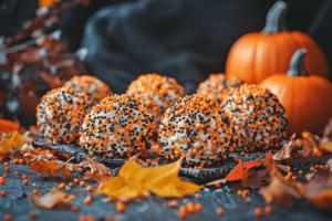 caramel popcorn balls with Halloween decor