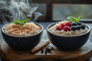 Hot or cold arroz con leche with various toppings