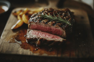 Sliced ribeye roast on a wooden board