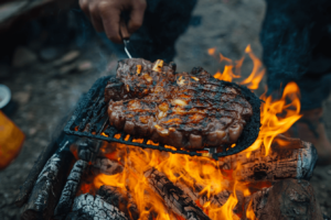 Bone-in ribeye grilling on open flame