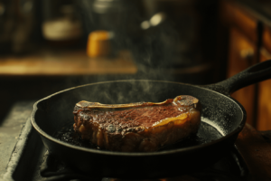 Cowboy steak being seared in a cast-iron skillet
