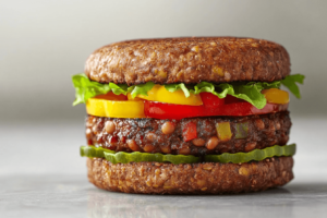 What is the healthiest meat for burgers – a colorful plant-based burger with lettuce and peppers.