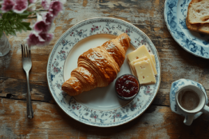 Croissant and gipfeli served with jam and cheese.