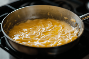 Melting cheese in a saucepan for Tini’s mac