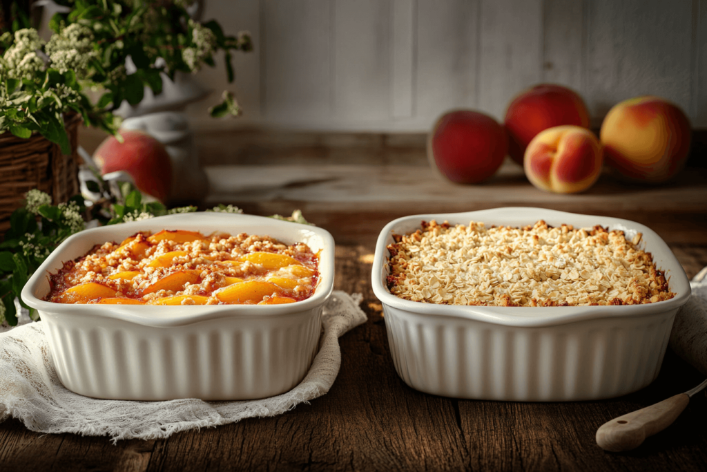 What is the difference between a peach crumble and a peach crisp? A fresh peach dessert on a table