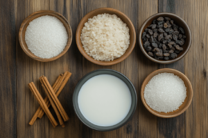 Mexican rice pudding ingredients on a wooden table