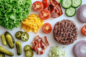 Five Guys burger bowl toppings – fresh ingredients on display