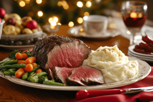 Is a ribeye roast the same as prime rib? Festive beef roast dinner setting.