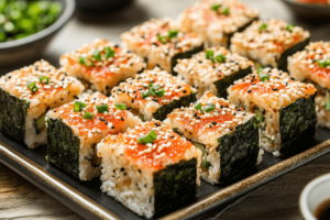serving sushi bake squares with nori sheets