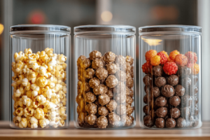 Popcorn ball flavor variations in separate containers